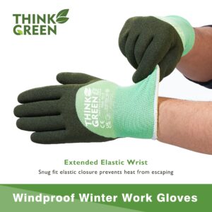 COOLJOB Fleece Lined Winter Work Gloves, Thermal Warm Freezer Gloves, 100% Recycled Polyester Base, Cold Weather Gloves with Non Slip Grip, Thick Windproof Gloves, 1 Pair, Medium, Green