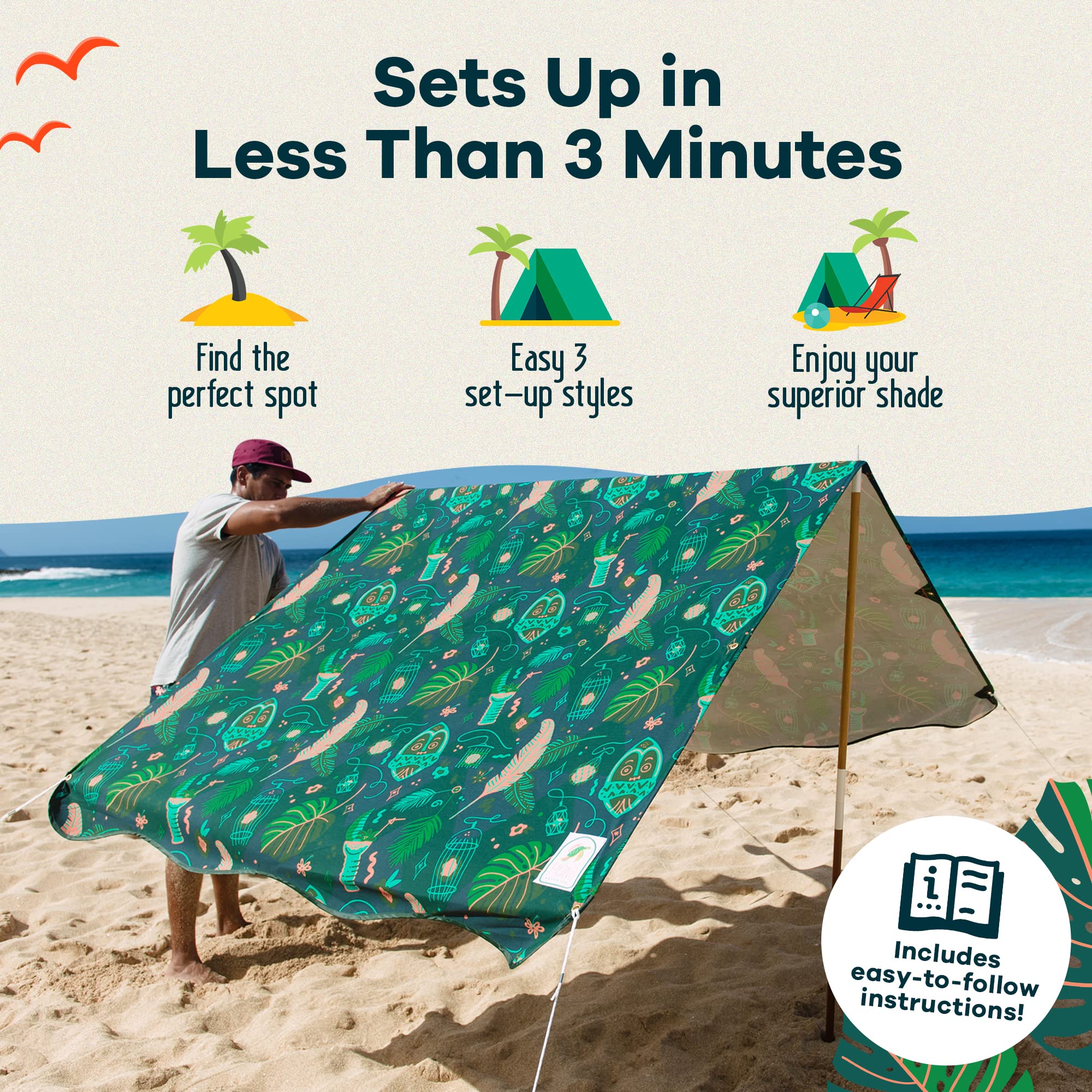 Moku Beach Co UPF 50+ Portable Beach Canopy Tent Set - 3-Step Assembly, Jungala Print - Includes Bag, Poles, Stakes & Hammer - Ideal Sun Shade for Beach, Easy and Convenient