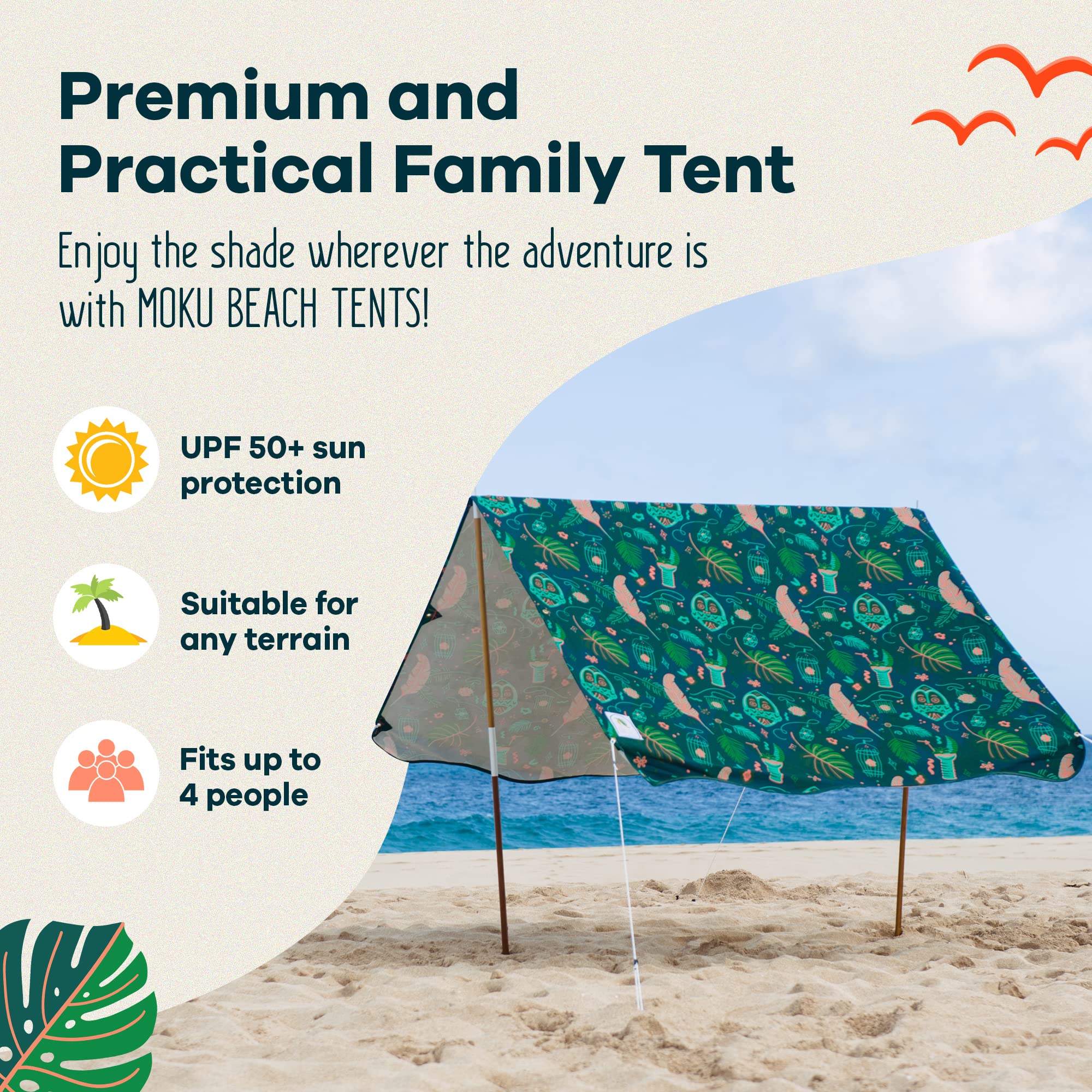 Moku Beach Co UPF 50+ Portable Beach Canopy Tent Set - 3-Step Assembly, Jungala Print - Includes Bag, Poles, Stakes & Hammer - Ideal Sun Shade for Beach, Easy and Convenient