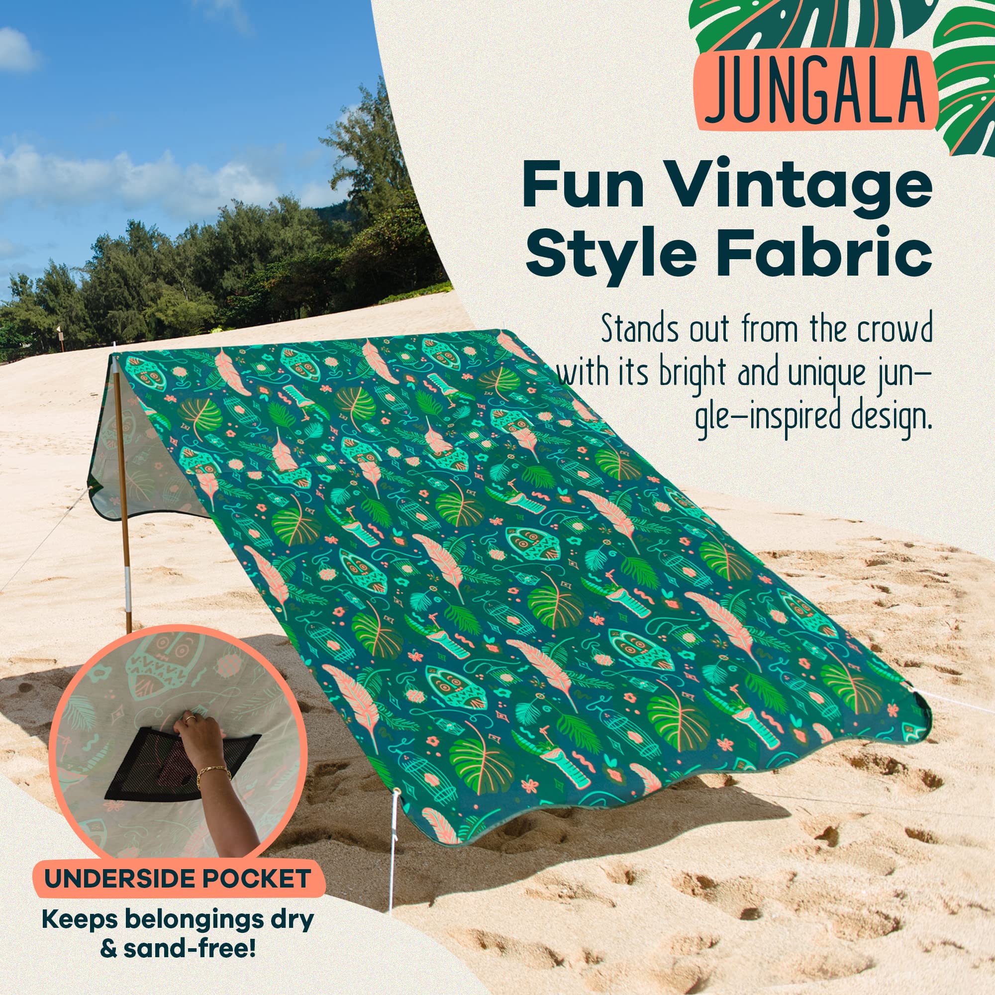 Moku Beach Co UPF 50+ Portable Beach Canopy Tent Set - 3-Step Assembly, Jungala Print - Includes Bag, Poles, Stakes & Hammer - Ideal Sun Shade for Beach, Easy and Convenient