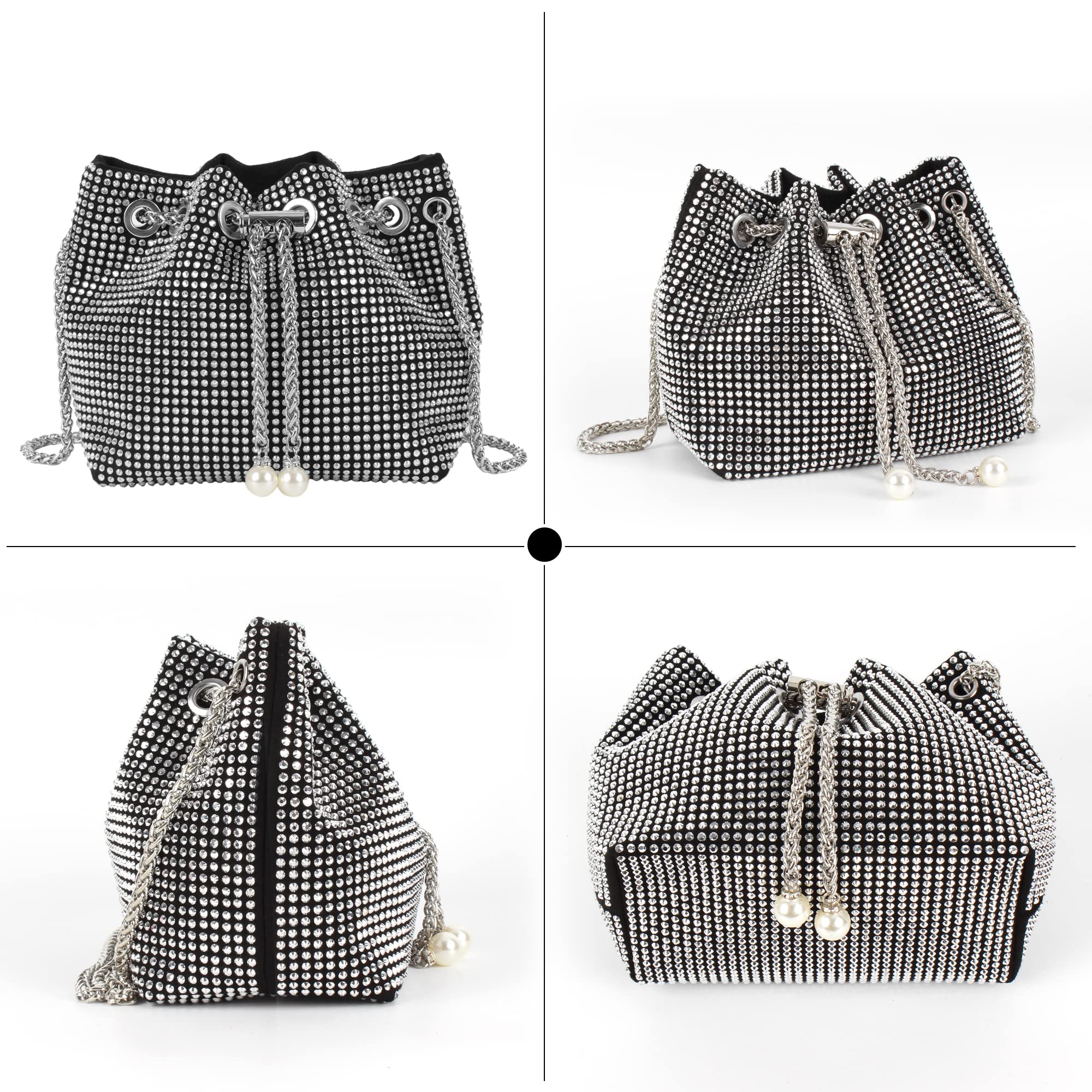 Hyuyikuwol Women Rhinestones Crystal Clutch Drawstring Bucket Bag Mini Evening Bags Crossbody Purses Pearl Party Prom Wedding, Silver