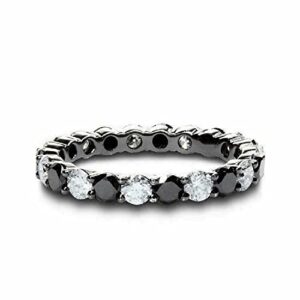 14k white gold over round cut black & white diamond set eternity engagement wedding band ring in 925 sterling silver for women's