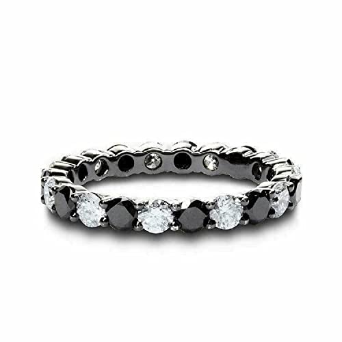 14K White Gold Over Round Cut Black & White Diamond Set Eternity Engagement Wedding Band Ring In 925 Sterling Silver for Women's