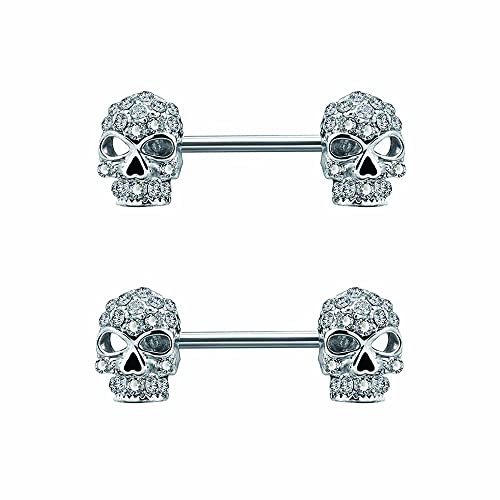 dokreil Shiny CZ Double Skull Barballs Nipple Piercing Body Jewelry for Women