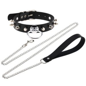 damsil punk rivets choker pu leather hauling chain collar metal ring gothic necklace nightclub neck accessories adjustable buckle (black)