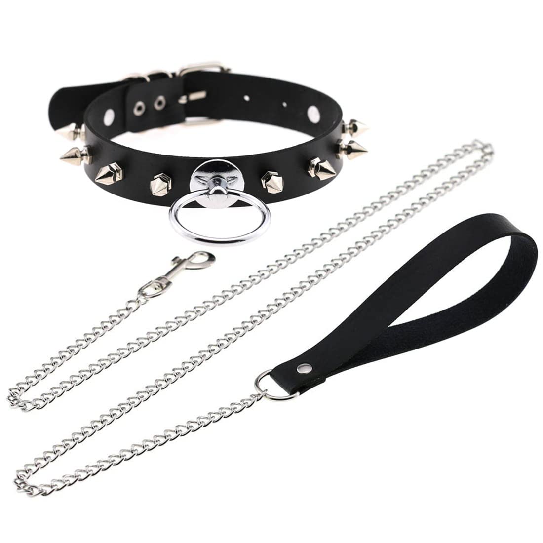 DAMSIL Punk Rivets Choker PU Leather Hauling Chain Collar Metal Ring Gothic Necklace NightClub Neck Accessories Adjustable Buckle (Black)