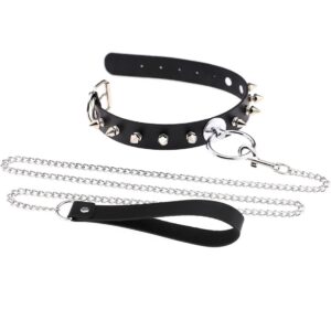 DAMSIL Punk Rivets Choker PU Leather Hauling Chain Collar Metal Ring Gothic Necklace NightClub Neck Accessories Adjustable Buckle (Black)