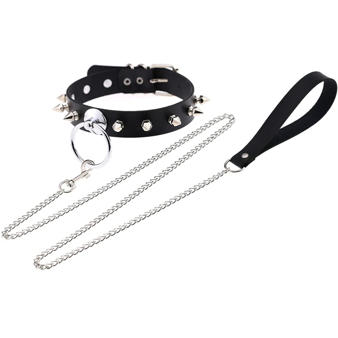 DAMSIL Punk Rivets Choker PU Leather Hauling Chain Collar Metal Ring Gothic Necklace NightClub Neck Accessories Adjustable Buckle (Black)