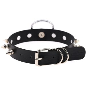 DAMSIL Punk Rivets Choker PU Leather Hauling Chain Collar Metal Ring Gothic Necklace NightClub Neck Accessories Adjustable Buckle (Black)