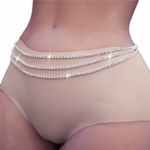 Rhinestone Layered Body Chain Sliver Sexy Crystal Metal Belly Waist Chains Evening Rave Nightclub Multilayered Adjustable Body Accessories Jewelry for Women(3pcs)