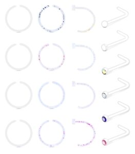 anicina 20g clear nose rings studs for work clear nose piercing hoop plastic nose rings for surgery cz l shaped nose studs plastic bioflex flexible nostril piercing retainer