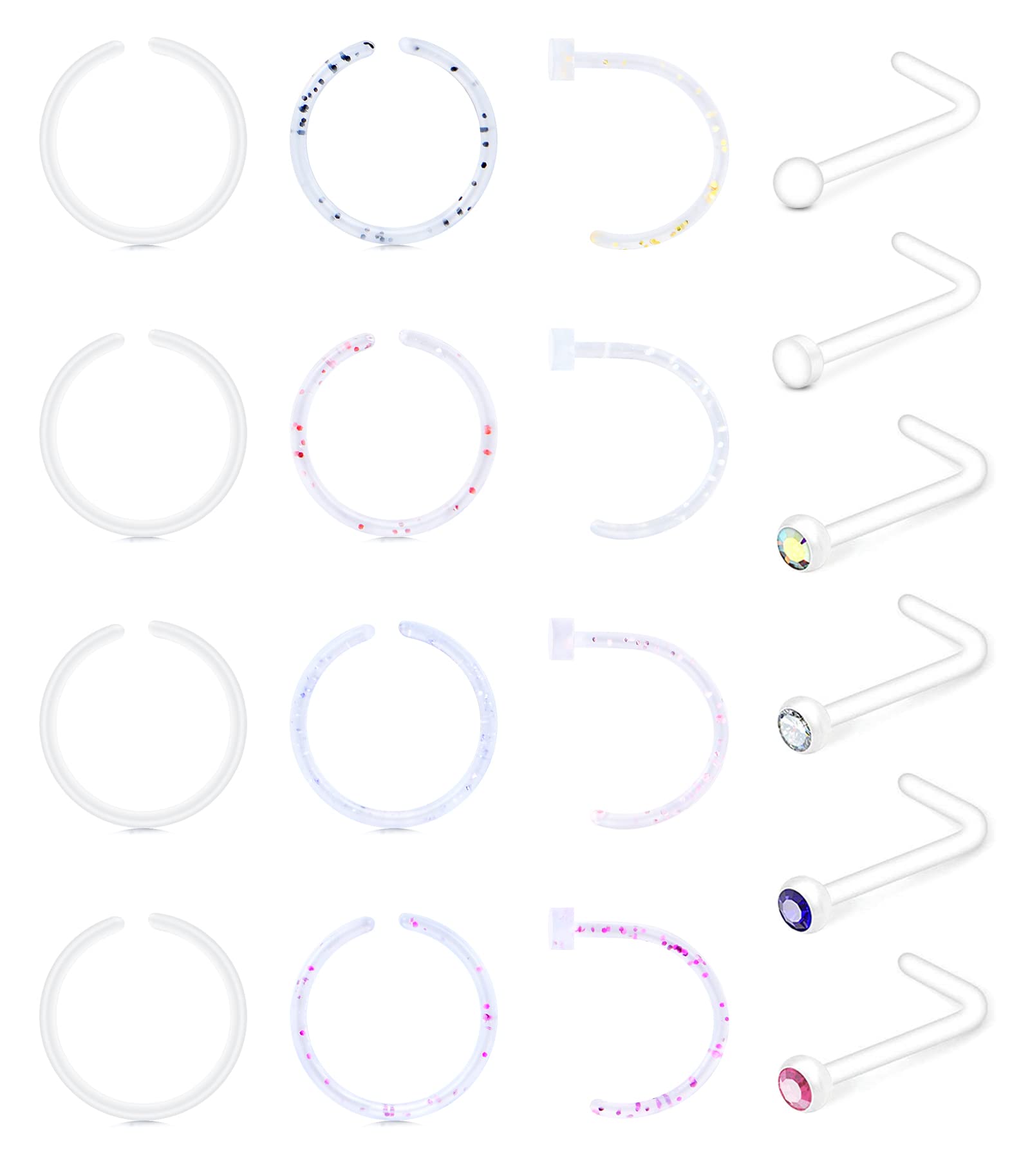 Anicina 20G Clear Nose Rings Studs for Work Clear Nose Piercing Hoop Plastic Nose Rings for Surgery CZ L Shaped Nose Studs Plastic Bioflex Flexible Nostril Piercing Retainer