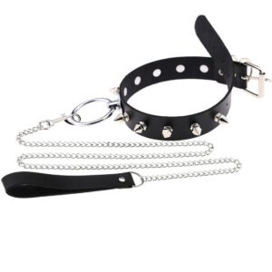 DAMSIL Punk Rivets Choker PU Leather Hauling Chain Collar Metal Ring Gothic Necklace NightClub Neck Accessories Adjustable Buckle (Black)