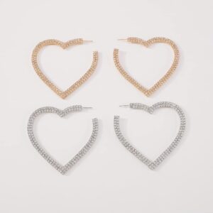 JWICOS Glitter Hoop Earrings Rhinestone Heart Drop Dangle Earrings for Women (Gold)