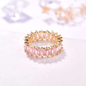 Eternity Pink Ring 14K Gold Plated Emerald Cut Cubic Zirconia Rings Eternity Bands Ring for Women (6, 14K Gold)