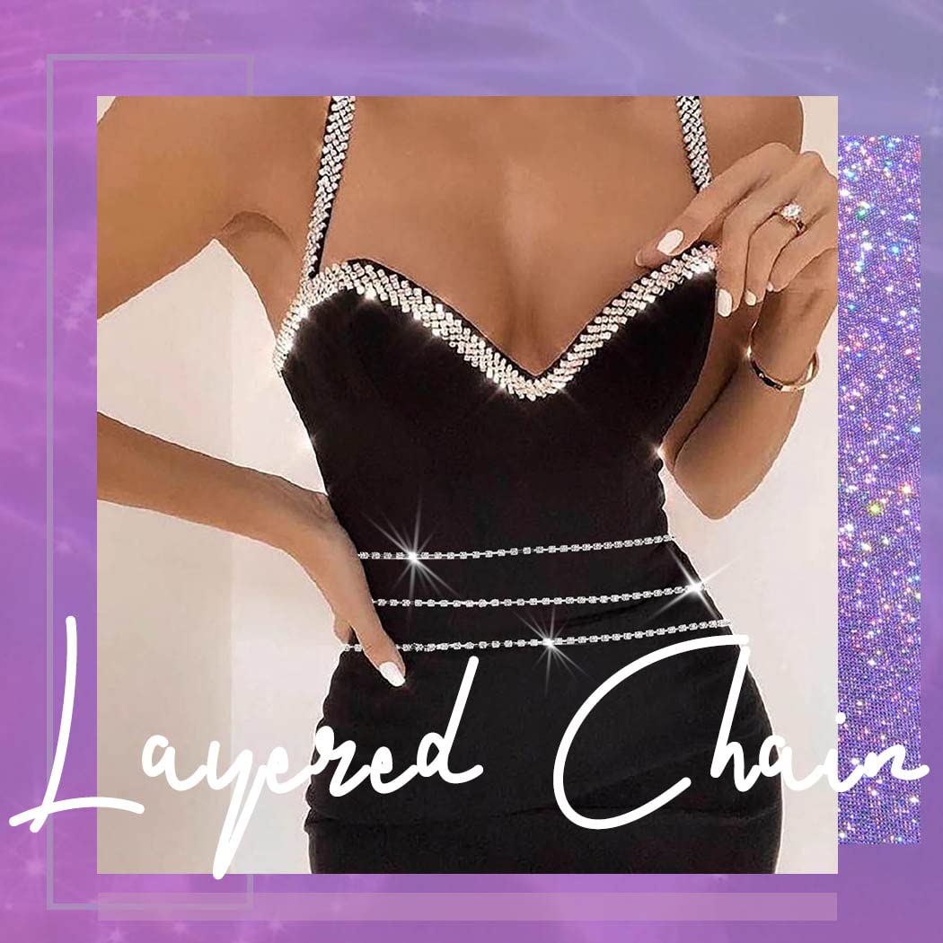 Rhinestone Layered Body Chain Sliver Sexy Crystal Metal Belly Waist Chains Evening Rave Nightclub Multilayered Adjustable Body Accessories Jewelry for Women(3pcs)