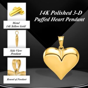 Auriga Fine Jewelry 14k Yellow Gold Polished 3-D Puffed Heart Pendant Gift for Women