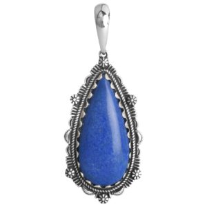 american west sterling silver women's pendant enhancer denim lapis gemstone teardrop bordered design