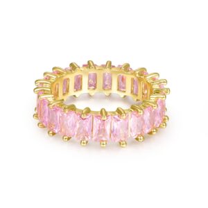 Eternity Pink Ring 14K Gold Plated Emerald Cut Cubic Zirconia Rings Eternity Bands Ring for Women (6, 14K Gold)