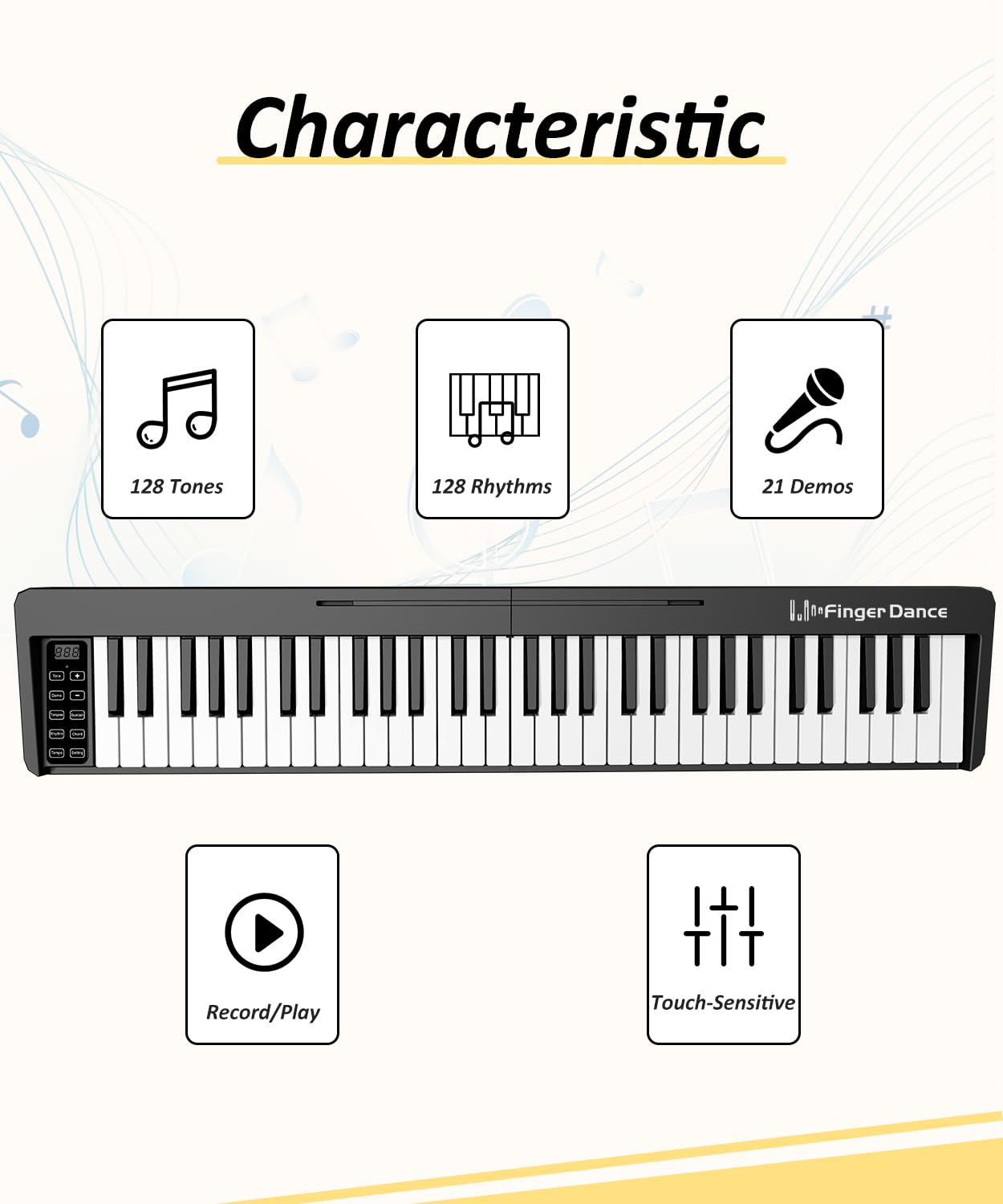 Finger Dance 61 Key Folding Piano Keyboard, Upgrand Imitation Wood Texture Keyboard Portable Piano, Bluetooth & MIDI, Foldable Keyboard Piano for Beginner - Deep Black