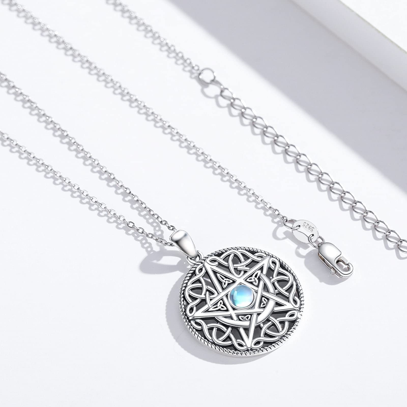 Twoowl Pentagram Necklace 925 Sterling Silver Moon Pentacle Pendant Celtic Knot Pagan Witchy Wiccan Amulet Jewelry Gifts for Women Girlfriend