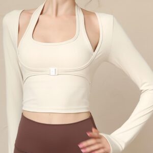 Gihuo Long Sleeve Crop Top Workout Women Athletic Yoga Running Cropped Tops Slim Fit Sport Gym Shirts(Apricot, S)