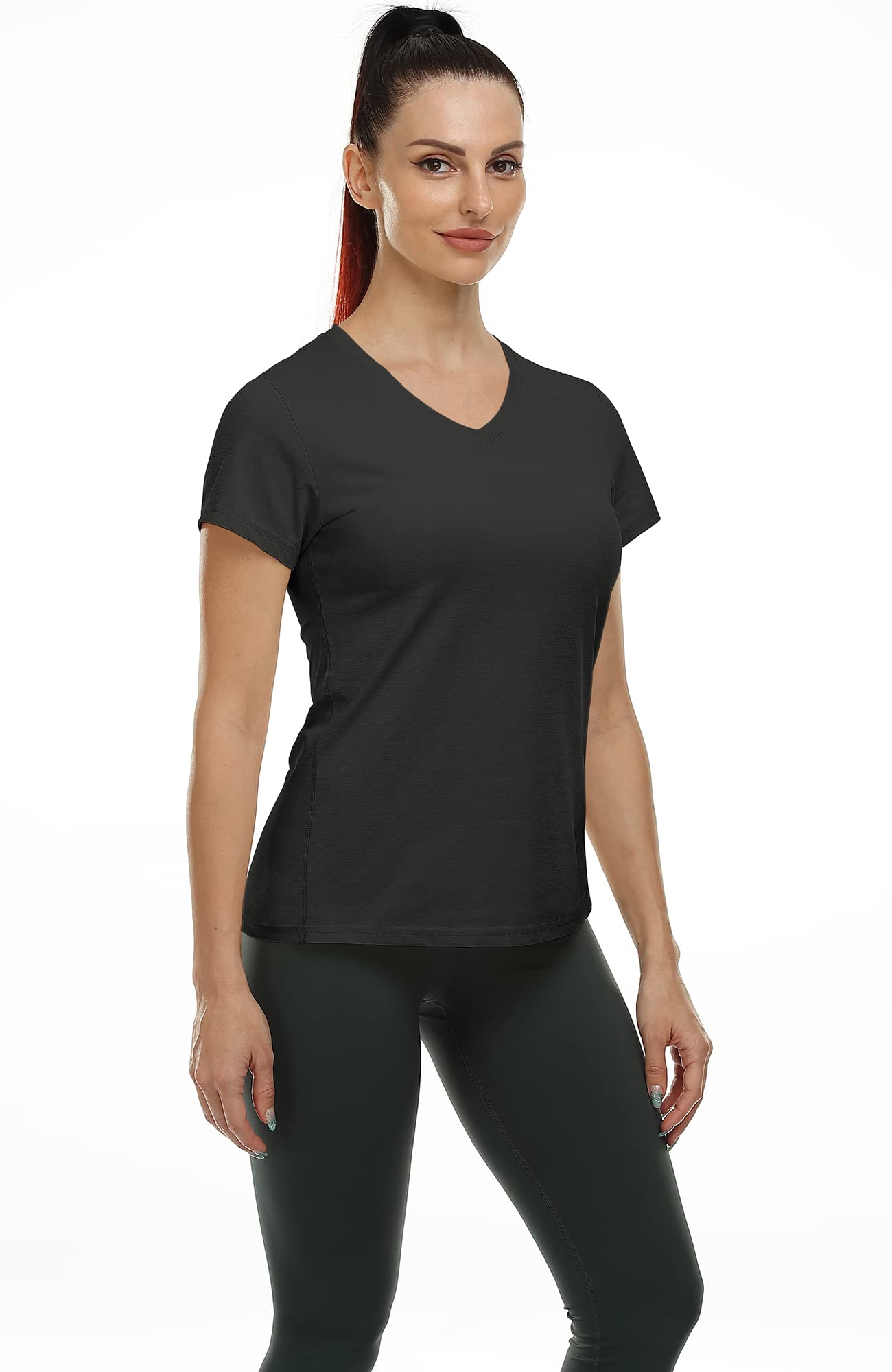 icyzone Workout Shirts Yoga Tops Activewear V-Neck T-Shirts for Women Running Fitness Sports Short Sleeve Tees (Black/Cream White/Brick, XL)