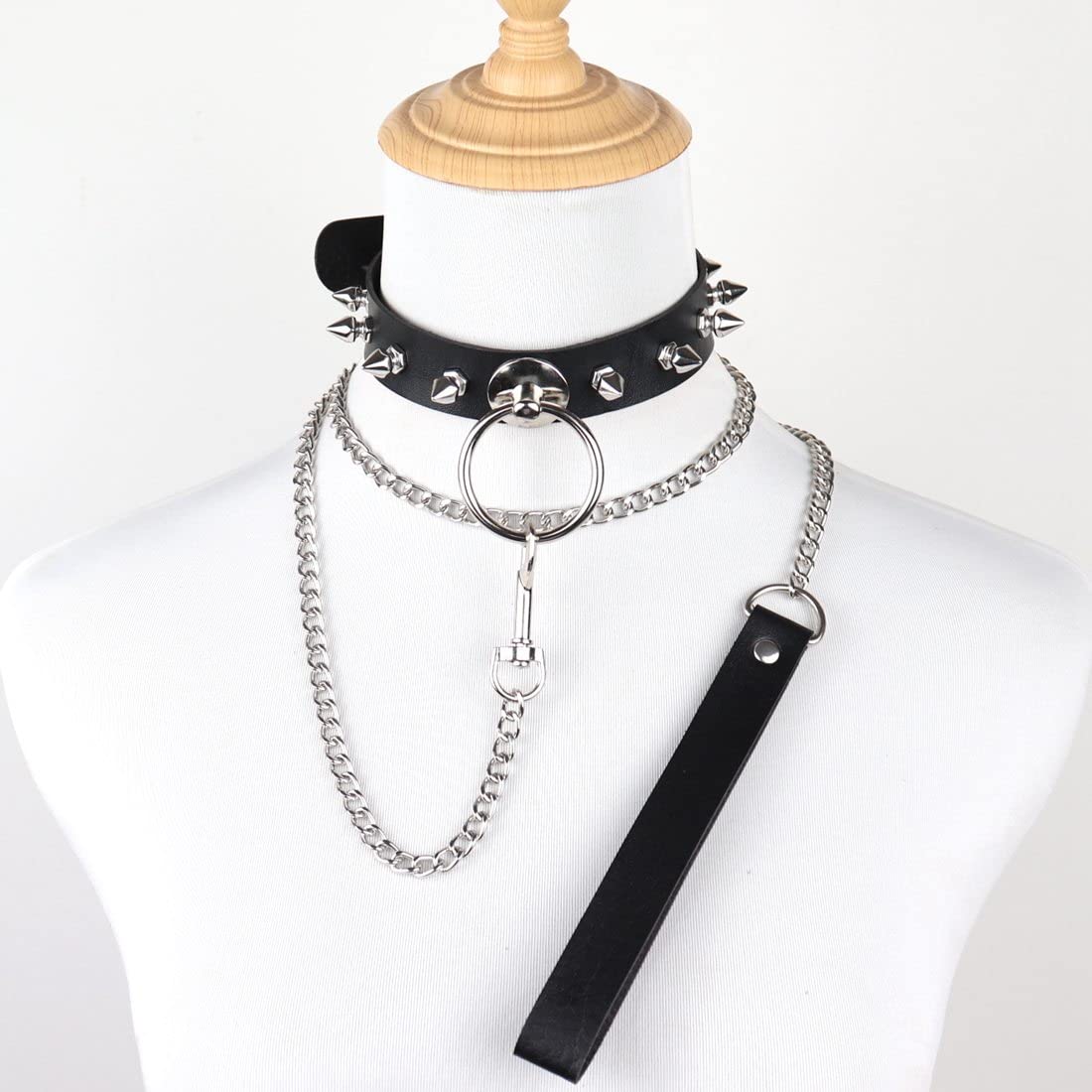 DAMSIL Punk Rivets Choker PU Leather Hauling Chain Collar Metal Ring Gothic Necklace NightClub Neck Accessories Adjustable Buckle (Black)