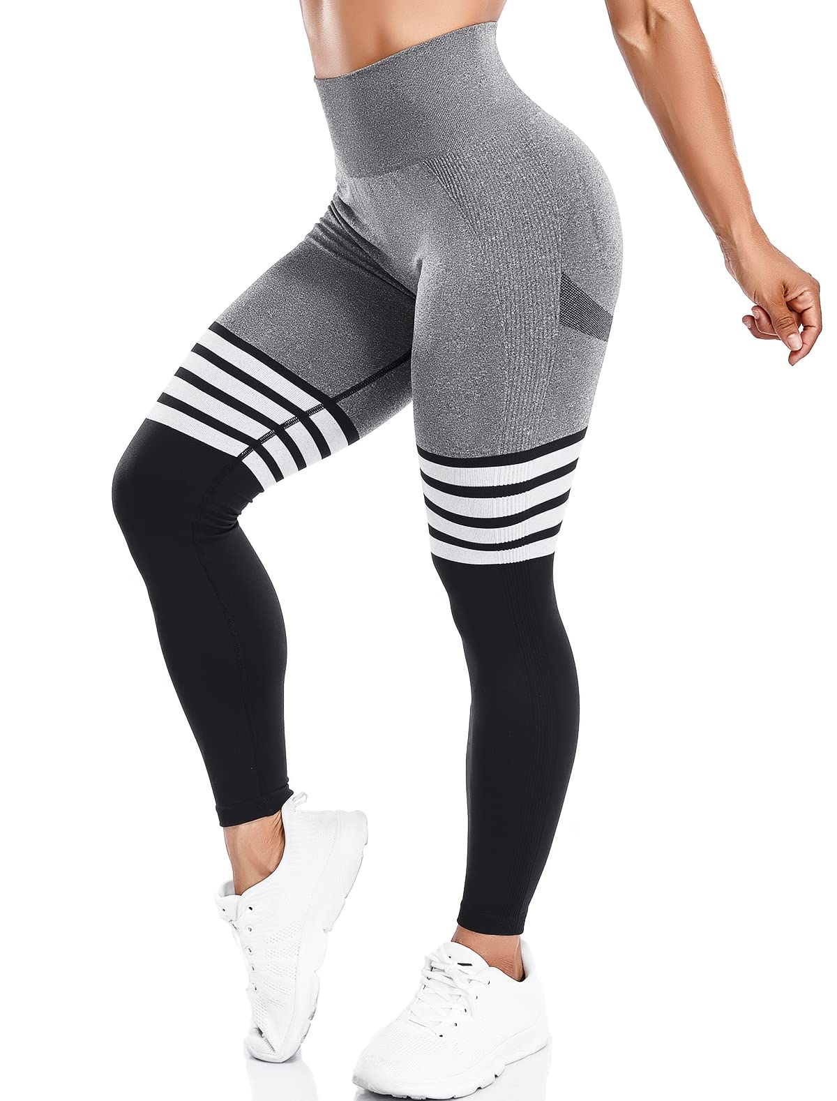 KIWI RATA Women Ribbed Booty Seamless Leggings High Waisted Workout Butt Lift Gym Yoga Panst Stretch Tights (#0 Stripe Black, M)