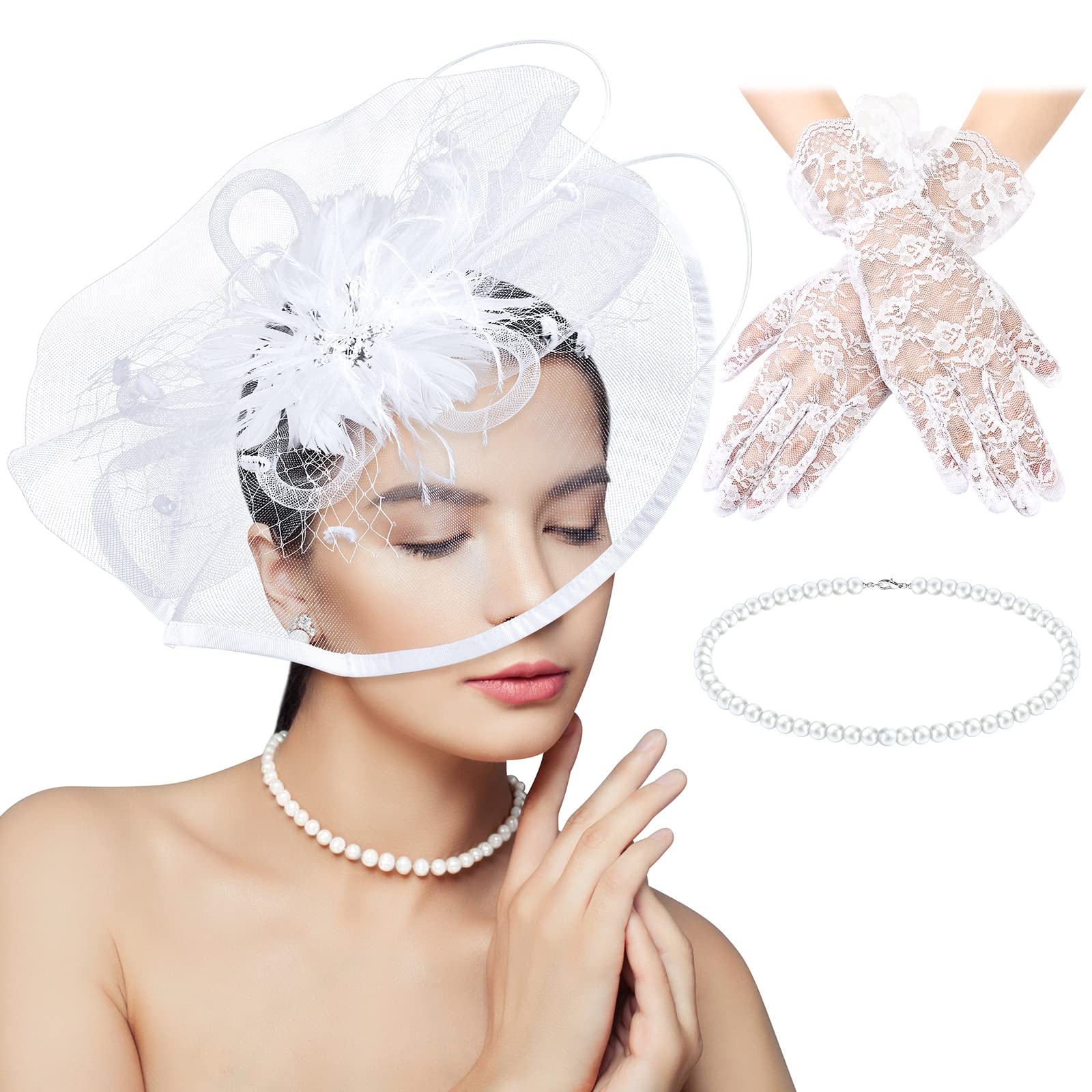 3 Pieces Fascinators Hats for Women Tea Party Hat Feathers Veil Mesh Hat Lace Gloves Pearl Choker Necklace Set for Wedding Cocktail Party, White