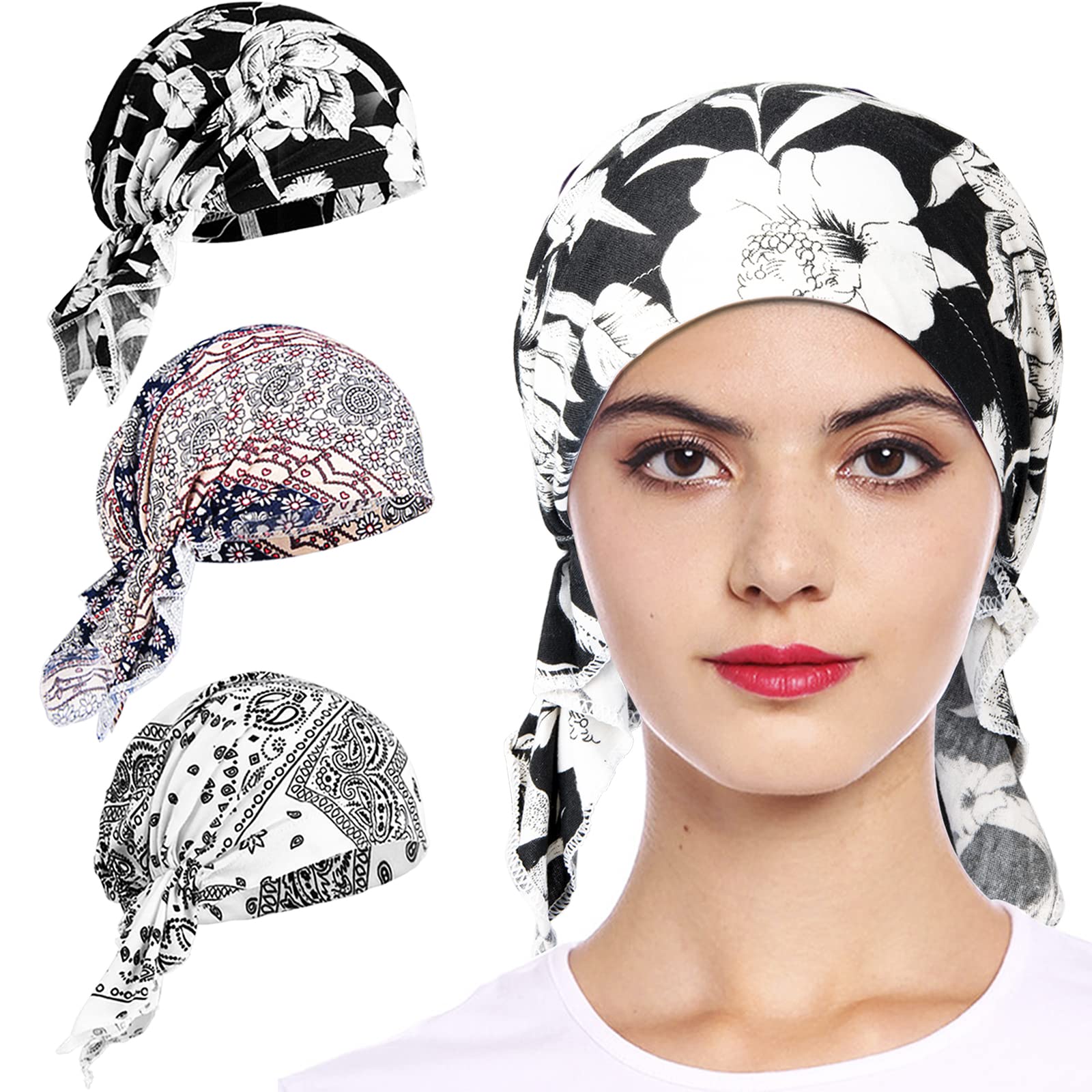 ELLEWIN Headwear 3 Pack Soft Head Scarf Wrap Slouchy Beanie Skull Cover Hat Cap Pre Tied Bandana Hair Loss for Women Girls