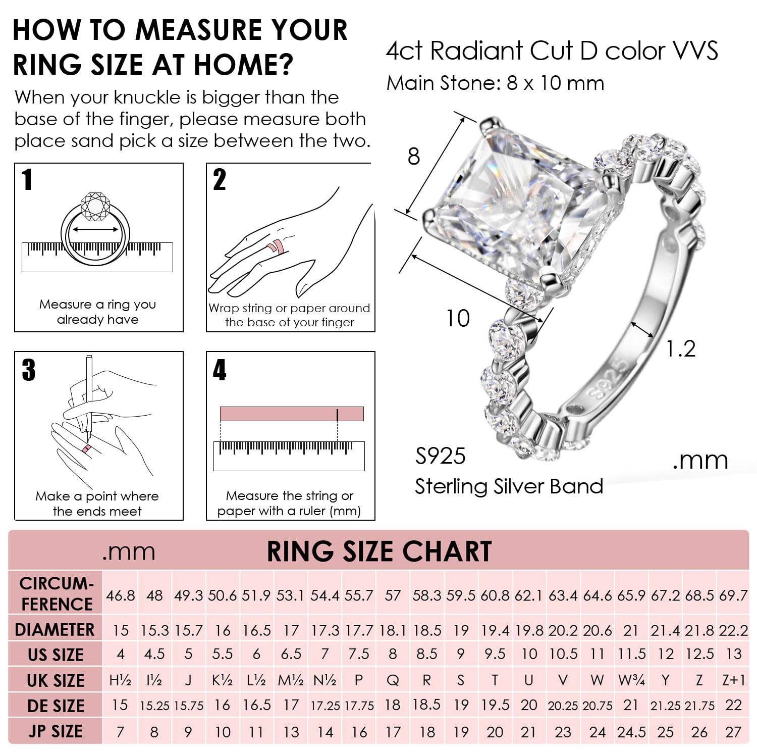 Michooyel S925 4ct Radiant Cut Cubic Zirconia Engagement Rings For Women Wedding Ring Promise Ring Sterling Silver Diamond Wedding Band