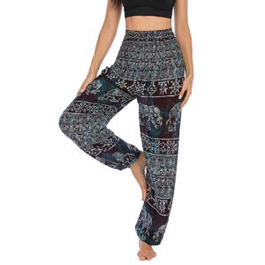 Lu's Chic Women's Smocked Waist Yoga Pant Boho Elephant Printed Bohemian Hippie Cinch Bottom Thai Indian Jogger Elastic Waist Harem Pants Tapered Leg Black One Size