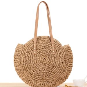 Block Garden Handmade Straw Shoulder Bag for Women Beach Bag Tote Handbag, 01 camel