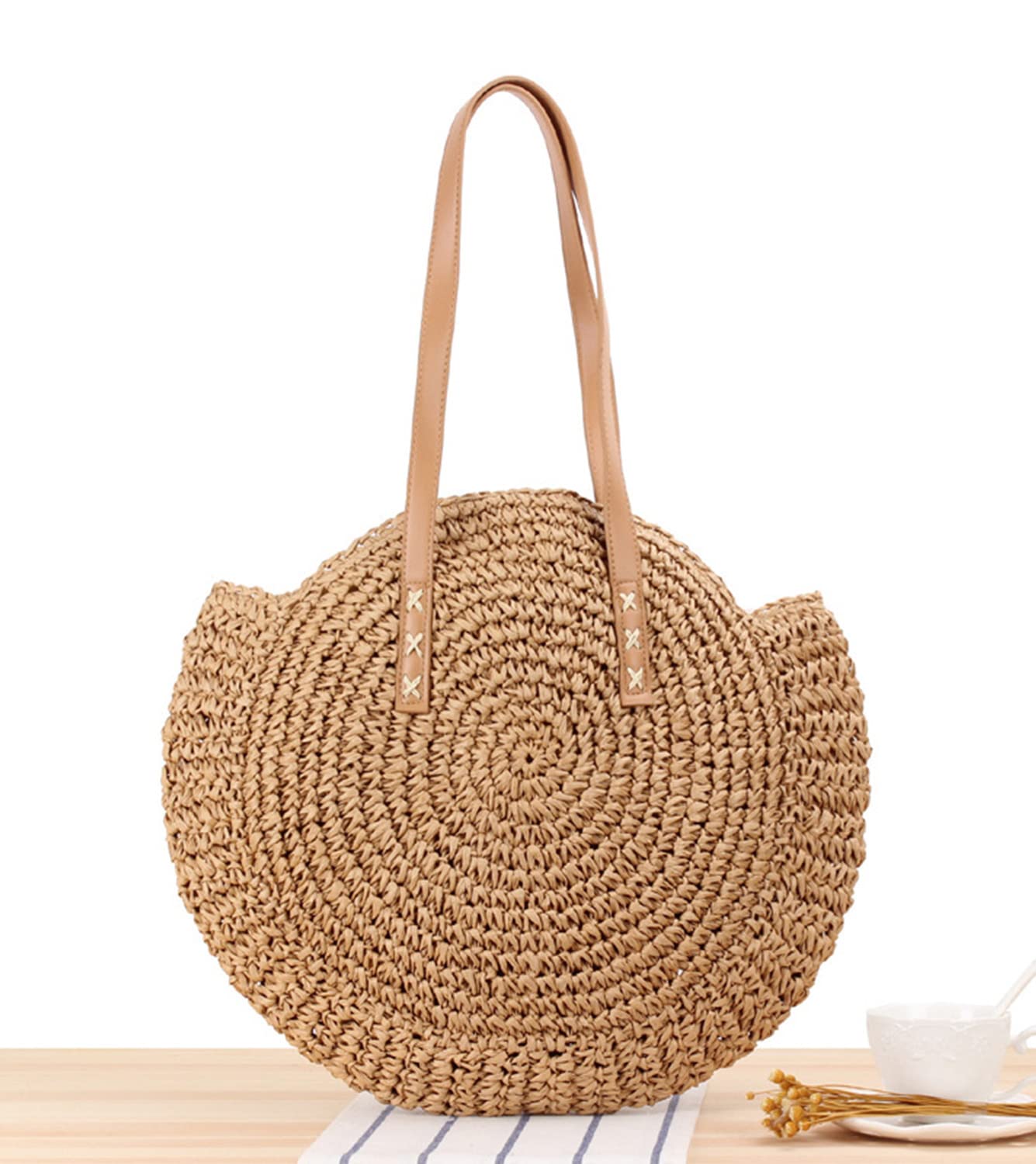 Block Garden Handmade Straw Shoulder Bag for Women Beach Bag Tote Handbag, 01 camel