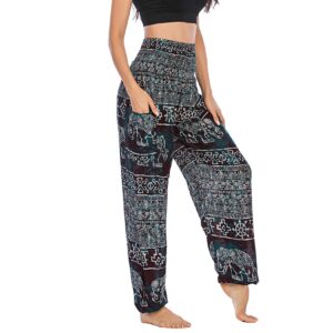 Lu's Chic Women's Smocked Waist Yoga Pant Boho Elephant Printed Bohemian Hippie Cinch Bottom Thai Indian Jogger Elastic Waist Harem Pants Tapered Leg Black One Size