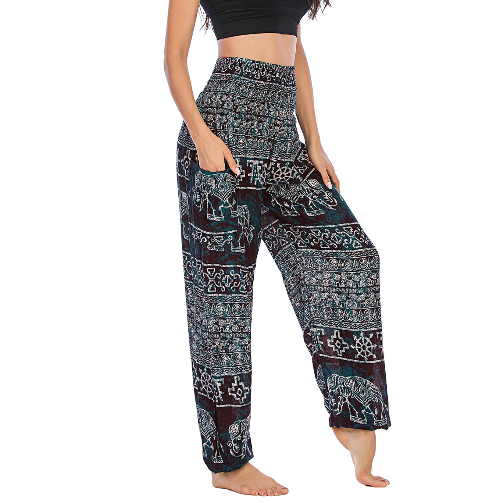 Lu's Chic Women's Smocked Waist Yoga Pant Boho Elephant Printed Bohemian Hippie Cinch Bottom Thai Indian Jogger Elastic Waist Harem Pants Tapered Leg Black One Size