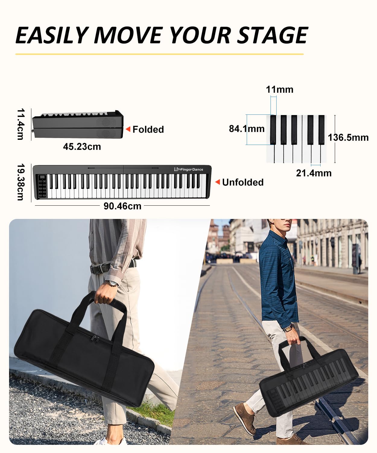 Finger Dance 61 Key Folding Piano Keyboard, Upgrand Imitation Wood Texture Keyboard Portable Piano, Bluetooth & MIDI, Foldable Keyboard Piano for Beginner - Deep Black