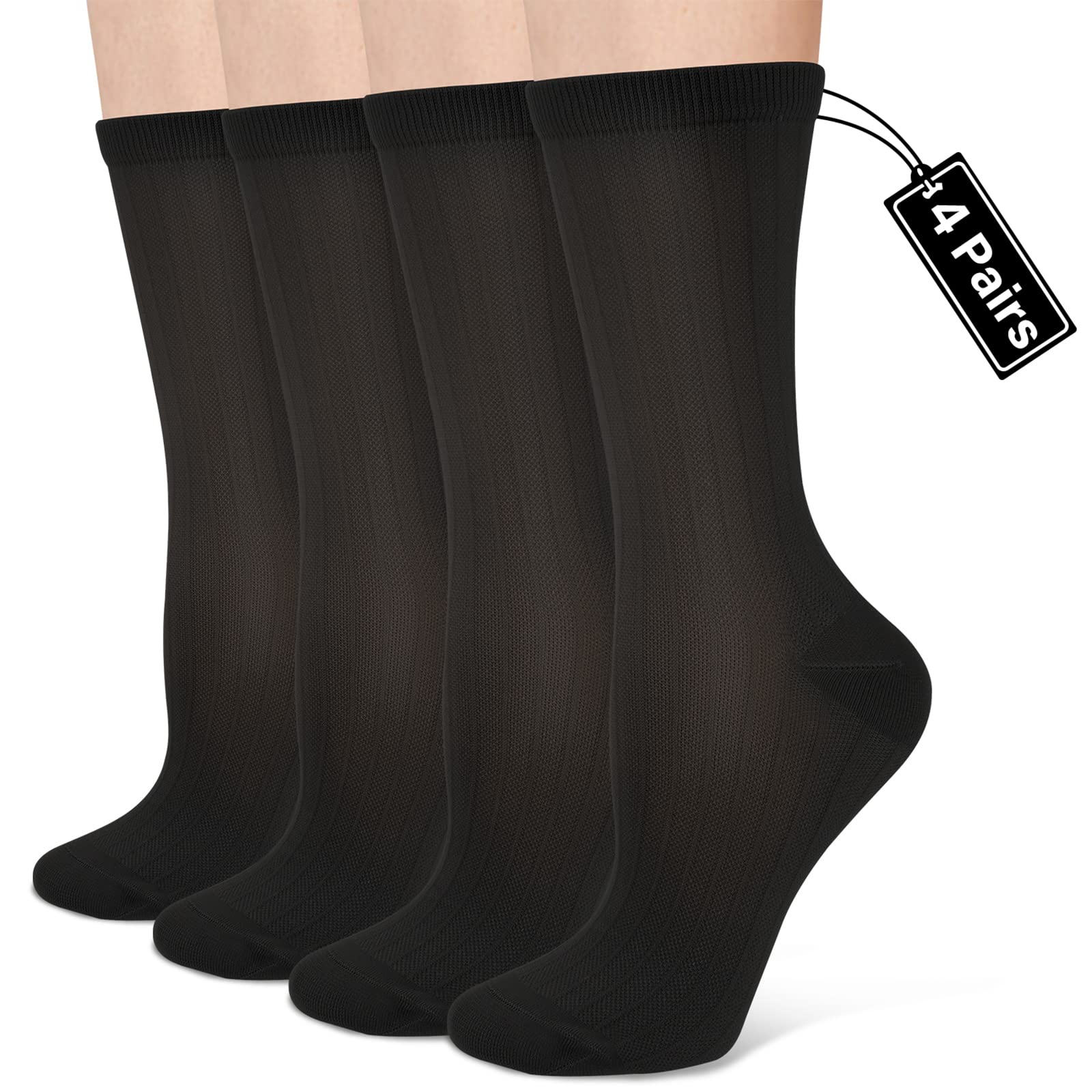 Compression Crew Socks for Women Thin Lightweight (15-20 mmHg) for Athletic Nurse Circulation Support Socks, 4 Pairs/Black