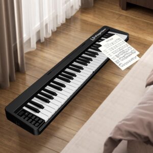 Finger Dance 61 Key Folding Piano Keyboard, Upgrand Imitation Wood Texture Keyboard Portable Piano, Bluetooth & MIDI, Foldable Keyboard Piano for Beginner - Deep Black