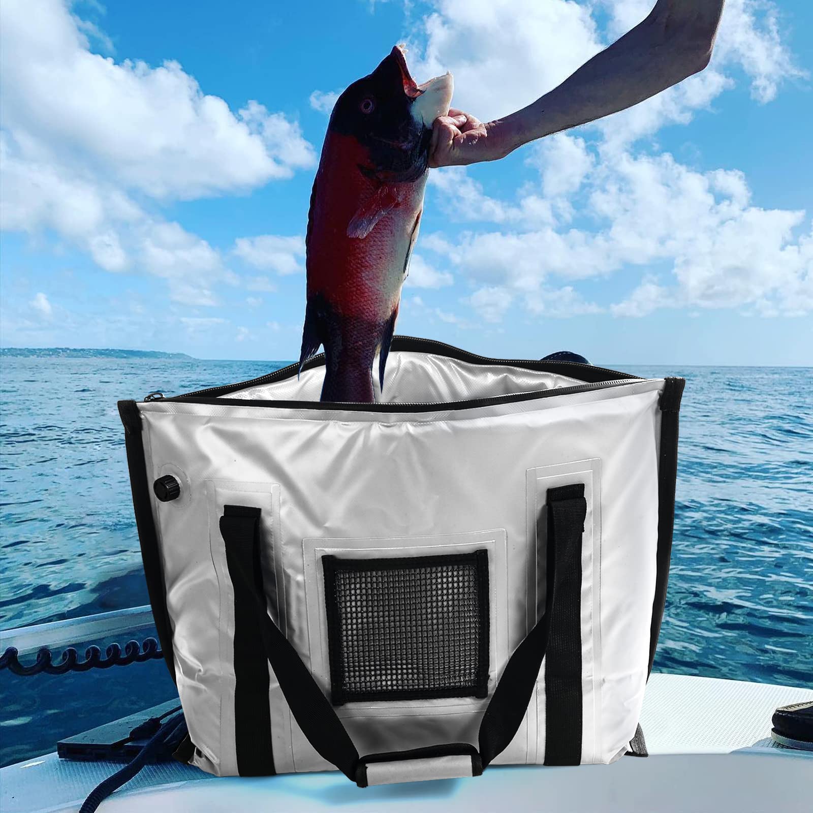 Buffalo Gear Insulated Fish Bag Cooler Flat Bottom-26L Waterproof Fish Kill Bag,Small Fishing Bag Leakproof Fish Cooler (White)