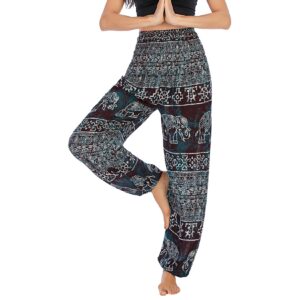 lu's chic women's smocked waist yoga pant boho elephant printed bohemian hippie cinch bottom thai indian jogger elastic waist harem pants tapered leg black one size