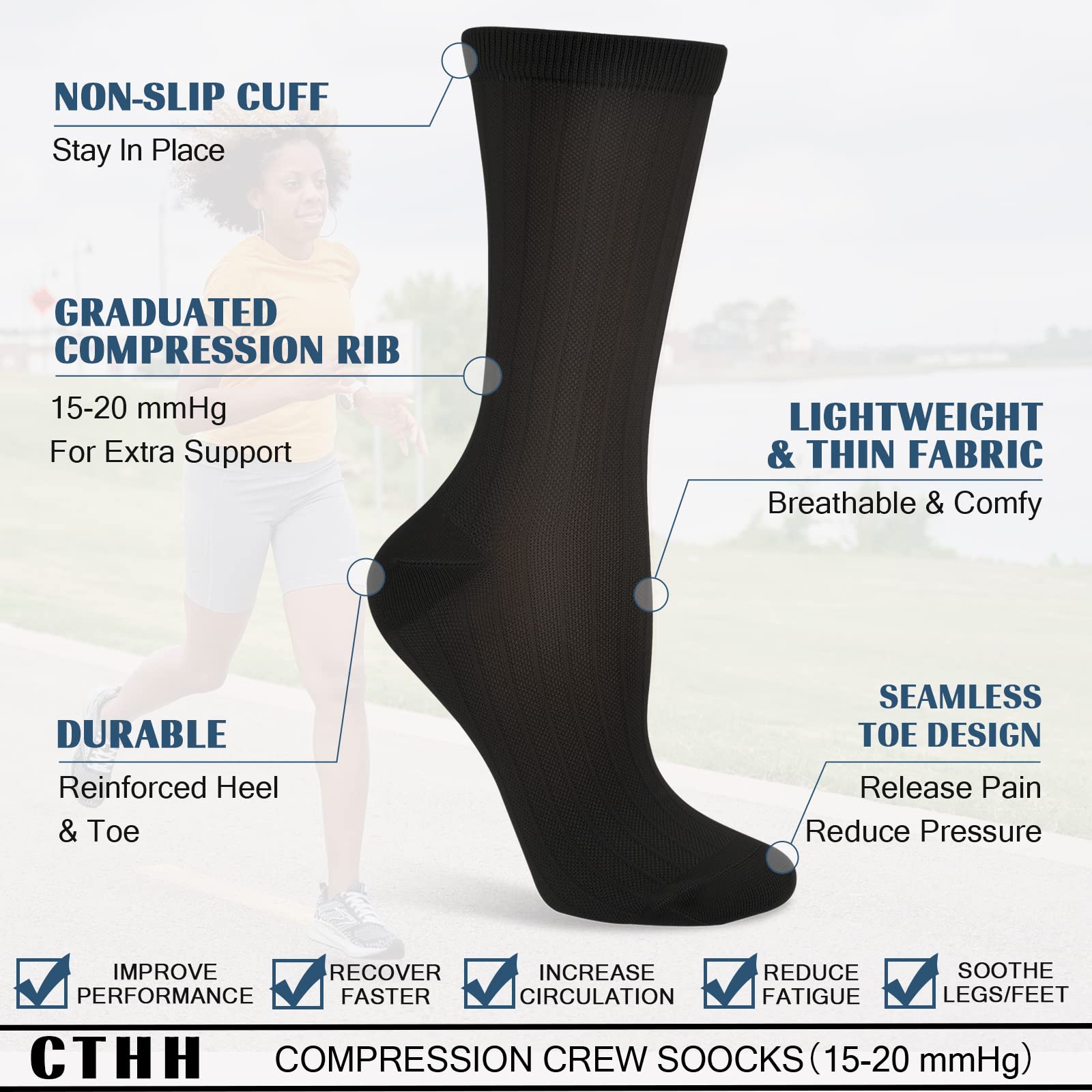 Compression Crew Socks for Women Thin Lightweight (15-20 mmHg) for Athletic Nurse Circulation Support Socks, 4 Pairs/Black