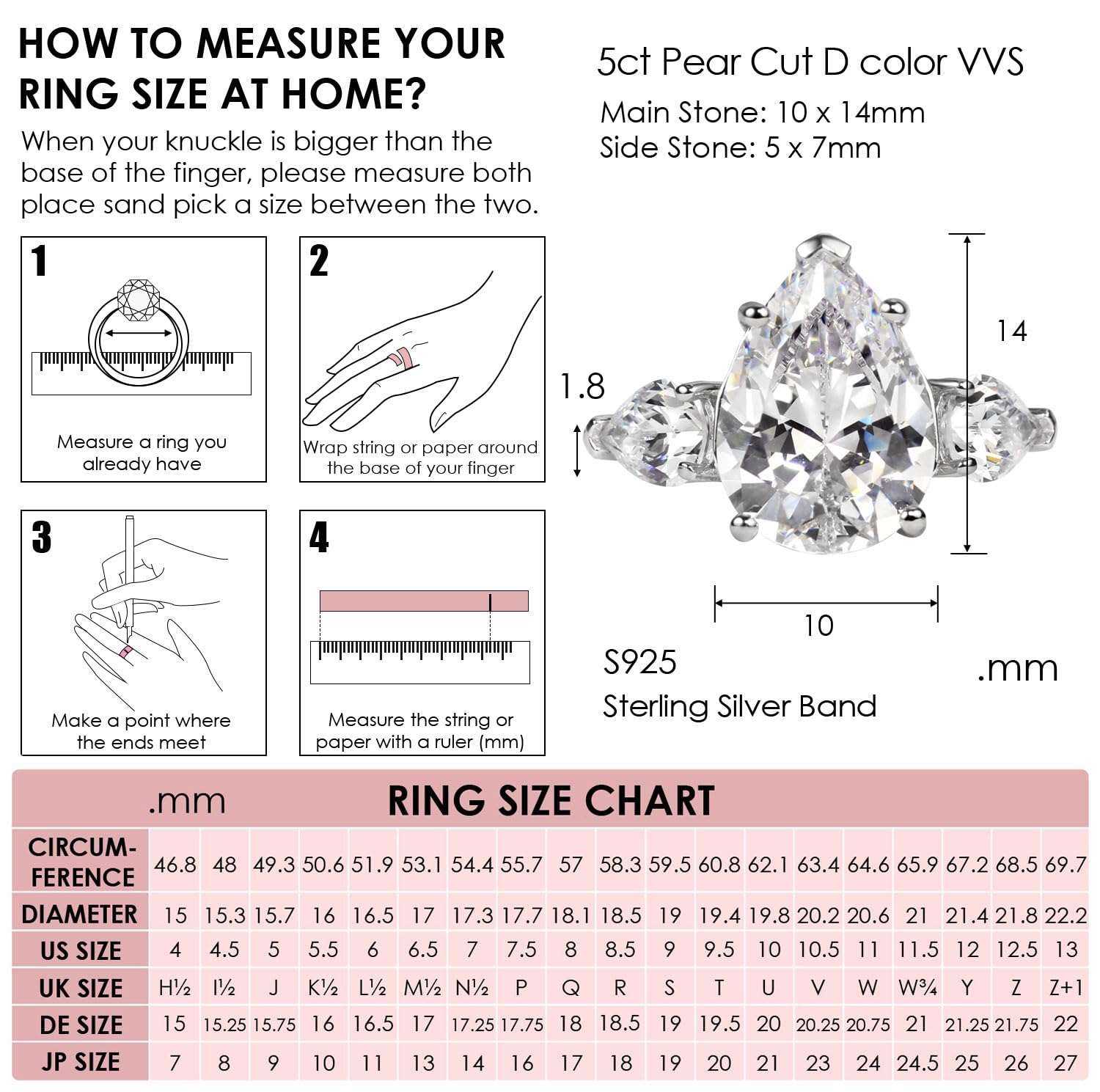 Michooyel S925 5.0ct Pear Cut Diamond Engagement Ring Cubic Zirconia Sterling Silver Wedding Ring Bridal Ring Band Fine Jewelry For Women