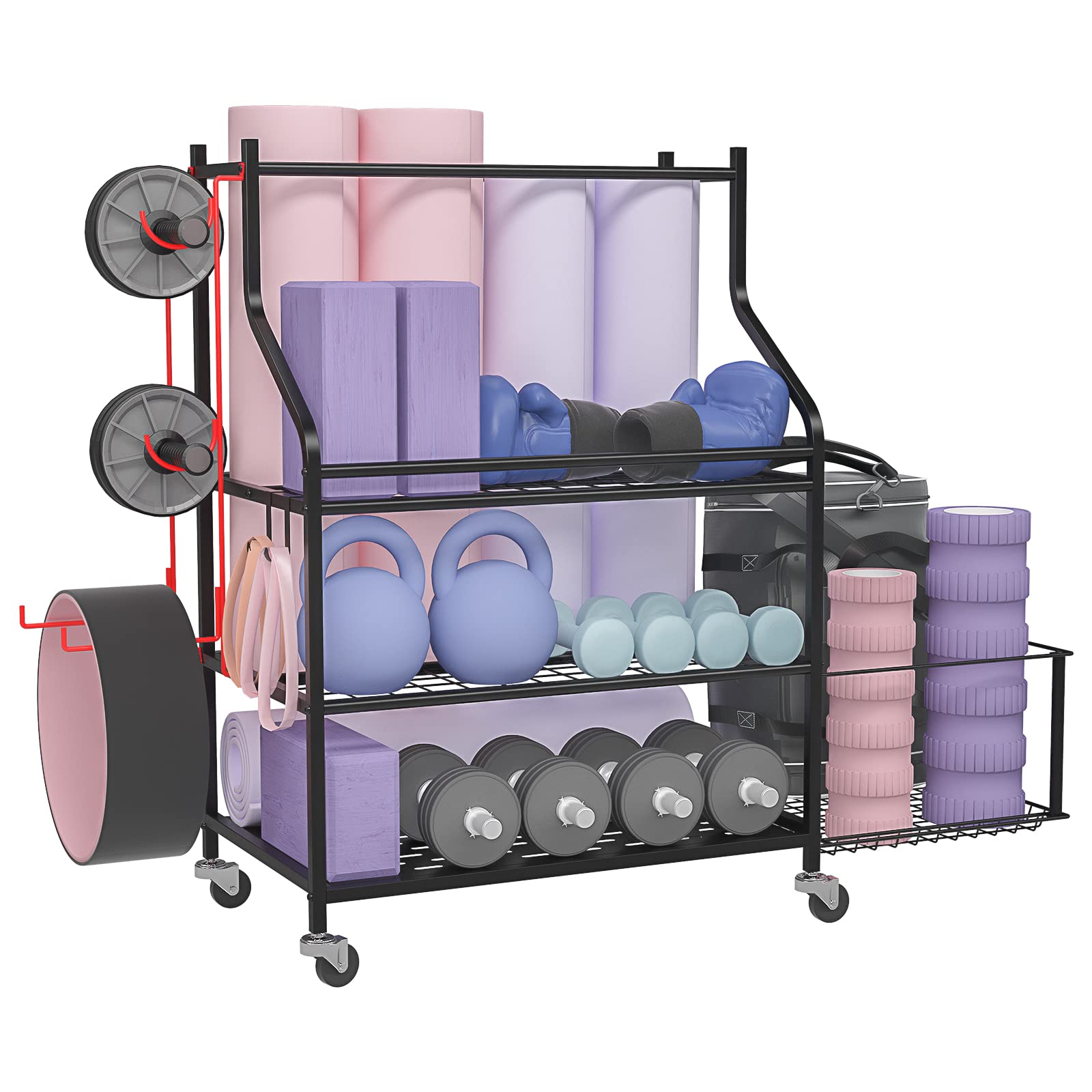 AOMOTA Home Gym Storage, Weight Rack for Home Gym, Yoga Mat Holder，Dumbbell Rack for Home Gym, Gym Rack for Home Gym with Extra Side Storage Space for Dumbbells, Kettlebells, Resistance Bands and More