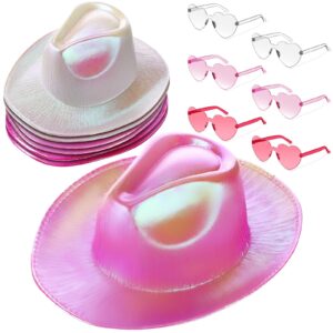 zhanmai 6 sets holographic cowboy hat neon space cowgirl hat with sunglasses glitter cowboy hat for women men costume party (rose, pink, clear)