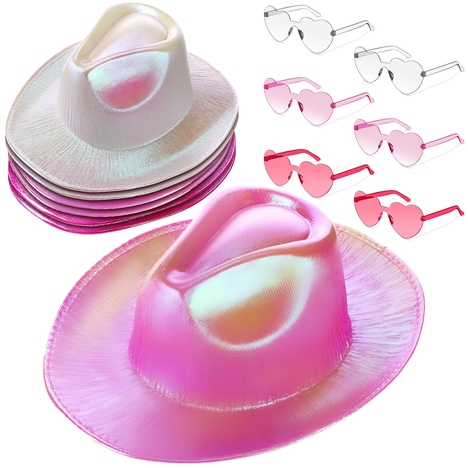 Zhanmai 6 Sets Holographic Cowboy Hat Neon Space Cowgirl Hat with Sunglasses Glitter Cowboy Hat for Women Men Costume Party (Rose, Pink, Clear)