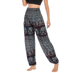 Lu's Chic Women's Smocked Waist Yoga Pant Boho Elephant Printed Bohemian Hippie Cinch Bottom Thai Indian Jogger Elastic Waist Harem Pants Tapered Leg Black One Size