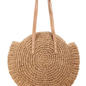 Block Garden Handmade Straw Shoulder Bag for Women Beach Bag Tote Handbag, 01 camel