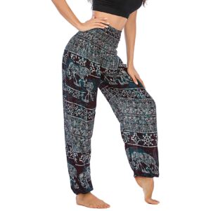 Lu's Chic Women's Smocked Waist Yoga Pant Boho Elephant Printed Bohemian Hippie Cinch Bottom Thai Indian Jogger Elastic Waist Harem Pants Tapered Leg Black One Size